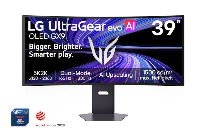 Vorderseite von 39-Zoll-UltraGear evo GX9, der weltweit erste 39-Zoll-5K2K-OLED-Gaming-Monitor 39GX950B-B